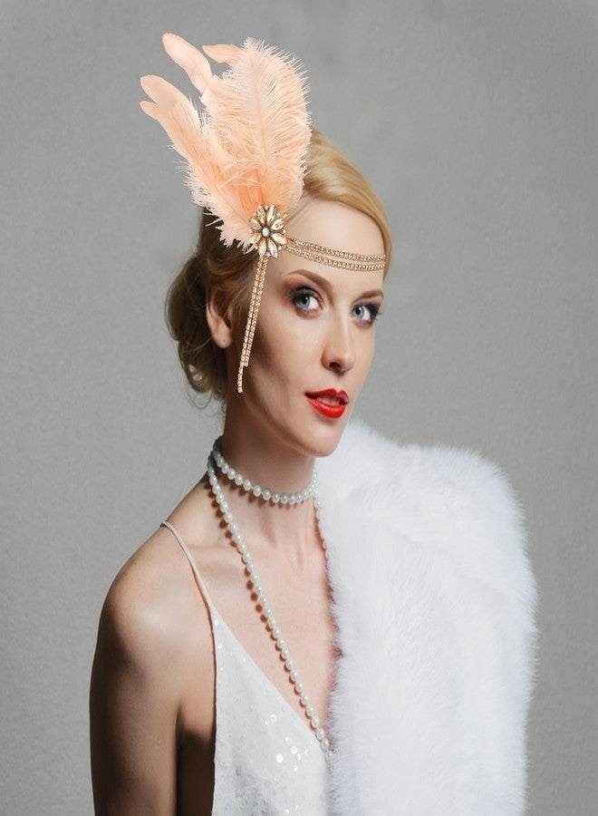 CURASA 1920s Flapper Headpiece Headband Great Gatsby Feather Hairband For Women Rhinestone Hair Accessoreis Showgirl Dresses Vintage Tassel Costume Outfits Roaring 20's Champagne Elastic Head Chain - Image 5